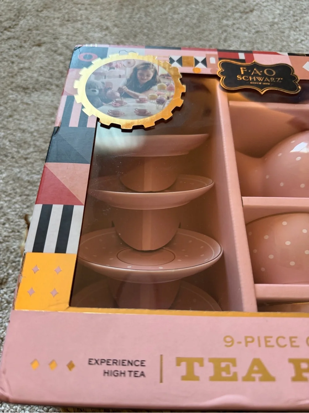 FAO Schwarz Pink Polka Dot 9-Piece Ceramic Tea Party Set - Play Tea Service